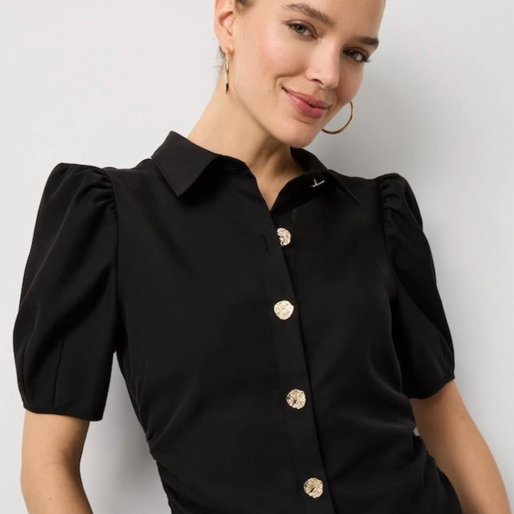 White House Black Market Black Puff-Sleeve Button-Front Blouse with Gold Buttons